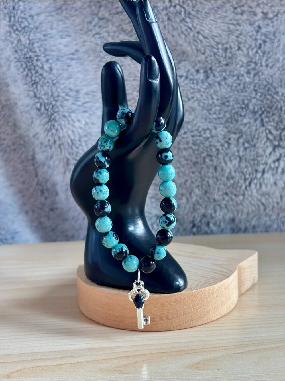 Blue & Black Jasper Beaded Bracelet with Key Charm